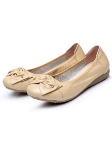 Genuine Cow Leather Casual Mama Middleaged Women Flat Shoes Beige  