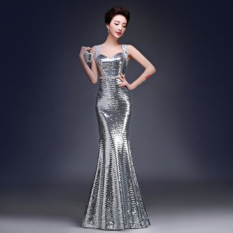 Glitter Evening Dress Elegant Long Gown Sexy Mermaid Maxi Dresses for Wedding Formal Event Annual Ball Party Silver  