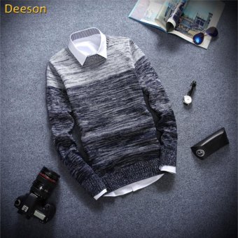 Good Quality Fashion Cotton Gradient Stripe O-neck Long Sleeve Men Sweater(Navy Blue) - intl  