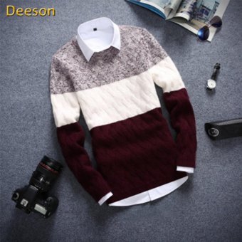 Good Quality Fashion Cotton Stripe O-neck Long Sleeve Men Sweater(Red) - intl  