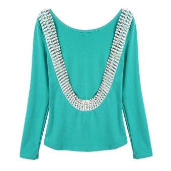 Green Cotton Blend Deep V sexy O-Neck lace Halter slim long sleeved T-shirt Casual, Party Women Blouse (M)-green-S  