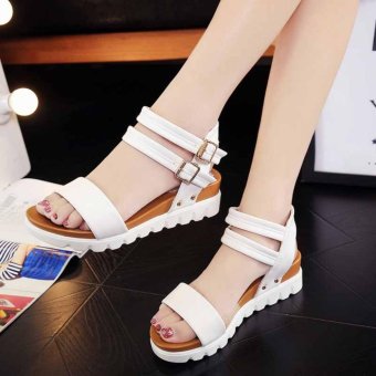 Grils' Women's Flat Sandals Wedge Heels Comfortable PU Leather Thick Heels Color White - intl  