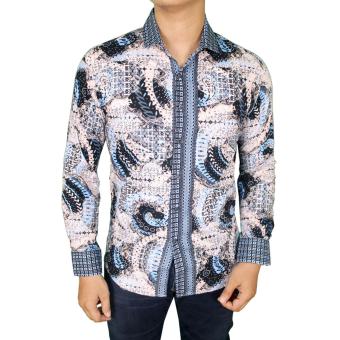 Gudang Fashion - Baju Batik Casual Slim Fit Panjang Keren - Putih Biru  