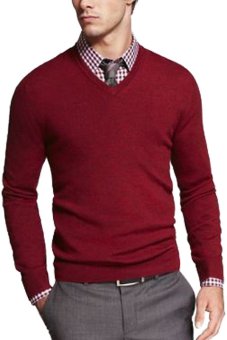 Gudang Fashion - Casual V-Neck Knitting Mens Sweaters - Red  