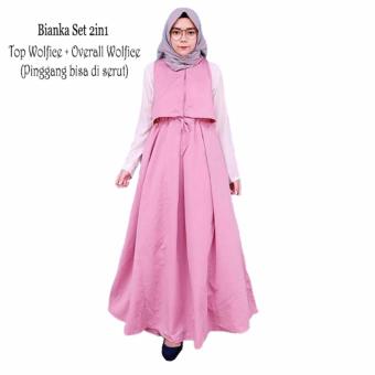 GudangGrosir Overall Set Atasan Bianka 2in1 Bahan Wolfis Warna Rose Pink  