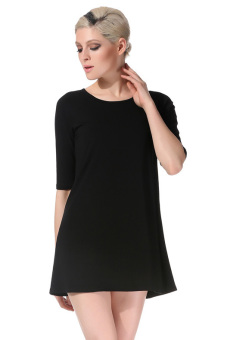 Half Sleeve O-Neck Loose Straight Mini Dress (Black)  