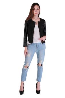 Hang-Qiao Lady PU Leather Jacket Casual Zip Chic Stylish Top Blouse Outwear Black  