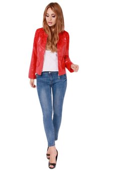 Hang-Qiao Women Lace PU Leather Jacket Coat (Red)  