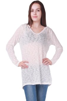 Hang-Qiao Women V-Neck Hooded Long-Sleeved T-Shirt Knitwear White  