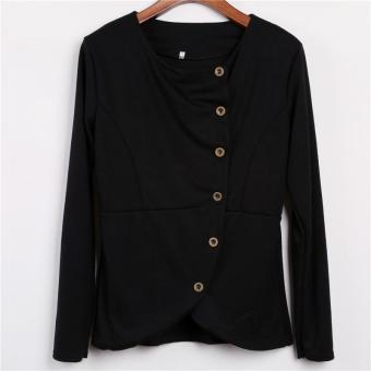HangQiao Women OL Coat Long Sleeve O-Neck Oblique Buttons Plain Cardigans (Black) - intl  
