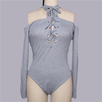 HangQiao Women Suit Long Sleeve Off The Shoulder Bandage Plain Sexy Leotard (Grey) - intl  