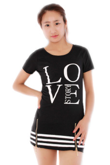 Hanyu European Style Zipper Dress Long T-shirt Black  