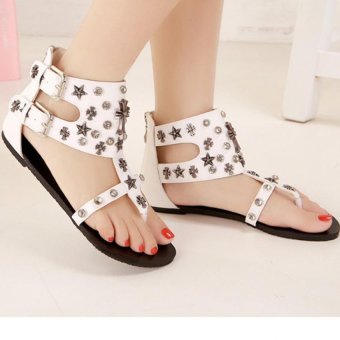 Hanyu High Quality Women Flat Sandals Rivet Decorations Flip Flops White - intl  