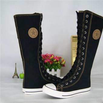 Hanyu Kanvas Wanita Boots Tali Sepatu Bot Tinggi Lutut Pos Gadis Jangkung Sepatu Santai Sepatu Flat Remaja Punk Hitam  