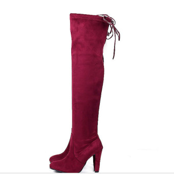 Hanyu Padat Bahan Suede Fashion Wanita Heel Tinggi Sepatu Bot Lutut Merah Anggur  
