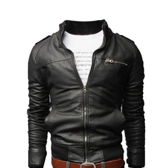 HAOFEI Mens Fashion Leather Jacket Coat(Black)  