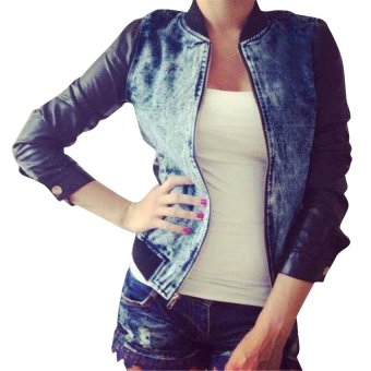 HAOFEI Women Denim Jacket PU Long Sleeve Coat      