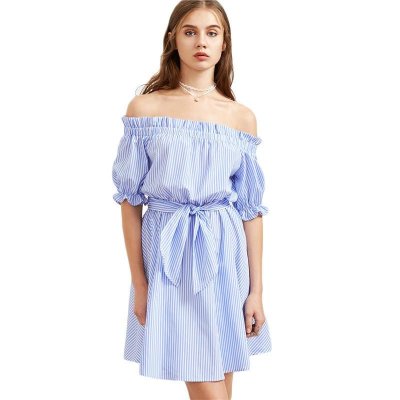 Happy Buy Women's Dress Summer Beach Dress Ladies Half Sleeve Blue Striped Ruffle Detail Belted Off The Shoulder A Line Dress - intl  