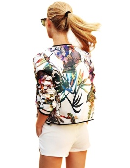 Happycat 2016 Spring Autumn Fashion Women O-Neck Long Sleeve Floral Zipper Baseball Jacket Coat Tops--XL  