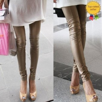 Happycat 2016 Stylish Women Fashion Faux Leather Patchwork Slim Ninth Leggings SEXY DRESS-khaki-XL  