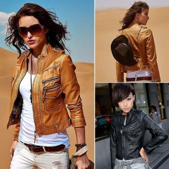 Happycat Motorcycle Faux Leather Jacket Women Jackets Ladies Coat Outerwear (Yellow) (XL) - intl  