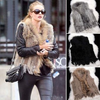 Happycat New Women Hot Fashion Knit Sleeveless Faux Fur Vest With Raccoon Fur Collar Waistcoat (Khaki) (XL) - intl  