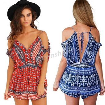 Happycat Sexy Women V neck Casual Strap Backless Mini Jumpsuit Geometric Print Elastic Waist Off Shoulder Overall irsh (Blue) (XL) - intl  