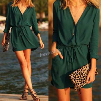 Happycat Sexy Women V Neck Long Sleeve Drawstring Pockets Loose Mini Chiffon Dress (Dark Green) (L) - intl  