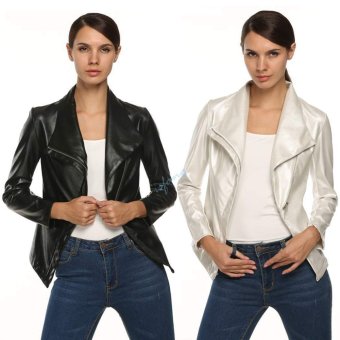 Happycat Stylish Ladies Women Full Sleeve Asymmetrical Leather Jacket Coat momowish (L) (Silver)  