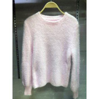HengSong Women's Mohair Plain Pullover Crew Neck Warm Sweaters Pink - intl  