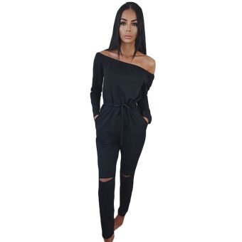 Hequ Autumn Hot Sale Fashion Explosion Models Solid Color Strapless Stomacher Word Collar Long-sleeved Jumpsuit Black - intl  