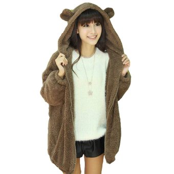 Hequ Hot Sale Women Hoodies Zipper Girl Winter Loose Fluffy Bear Ear Hoodie Hooded Jacket Warm Outerwear Coat cute sweatshirt Coffee - intl  