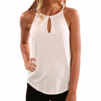 Hequ Women Fashion Solid O-neck Hollow Out Sleevless Blouse Asymmetrical Hem Tops White - intl  