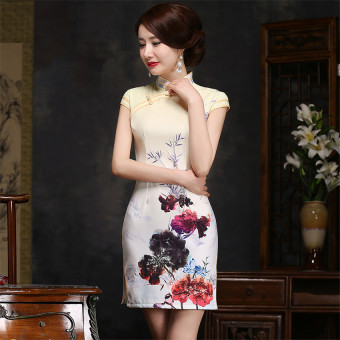 High-grade Silk Improved Subtle Retro Slim Cheongsam Summer (Yellow)  