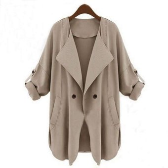 High Quality 2015 Autumn Spring Women Casual Loose Thin Coat V-neck Solid Outerwear Jackets Long Cardigan Plus Size Beige S-2XL  