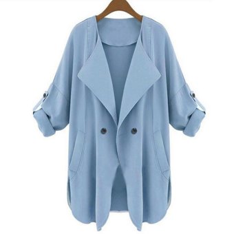 High Quality 2015 Autumn Spring Women Casual Loose Thin Coat V-neck Solid Outerwear Jackets Long Cardigan Plus Size Sky Blue S-2XL  