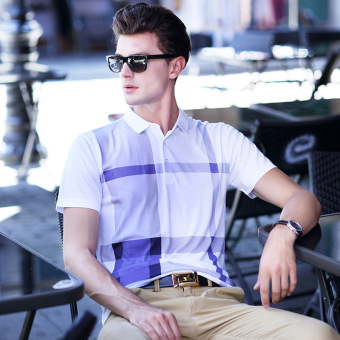 High quality summer anti-wrinkle iron free plaid short sleeve men polo shirt(purple)  