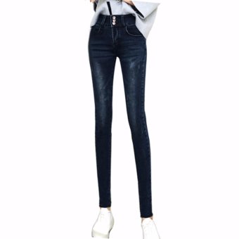 High Waist Jeans Women's Elastic Stretch Pencil Pants Dark Smoke Grey - intl  