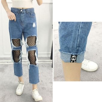 Holes Nine Jeans Fishing Net Jeans Women Frayed Cropped Jeans New Fashion Pants Loose Harlan Leisure Pants Trousers - intl  