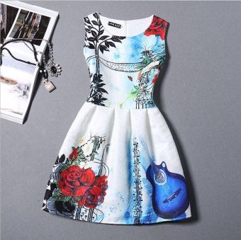 HOT new sexy fashion women part Retro evening print casual evening vintage vestido sleeveless close-fitting slim O-NECK A-line white dress - intl  