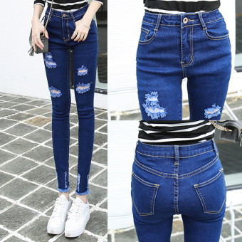 HOT Women Denim Skinny Pants High Waist Hole Stretch Jeans Slim Pencil Trousers show thin-blue - Intl  