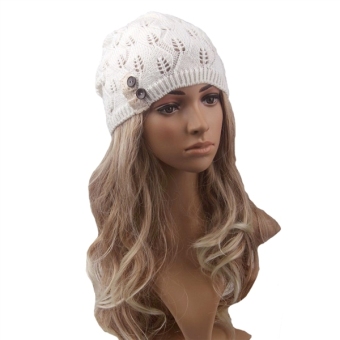 Women Modern Lace Button Leaves Hollow Out Knitting Hat Fashion Accessories Winter Hats (White) - intl