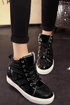 LALANG New Flat Shiny Lace Women Shoes Casual Increased Shoes Black - Intl
