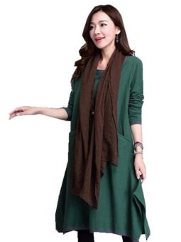 Womens Casual Cotton Linen Autumn Loose Long Sleeve Shirt Dress Green Fashion - Intl