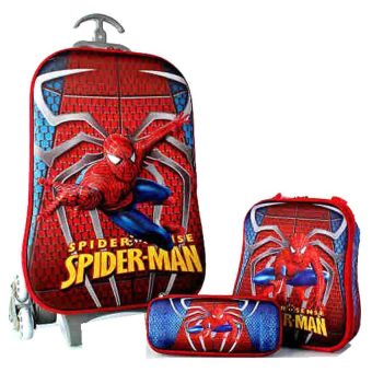 BGC Marvel Spiderman Spidey Set Troley T Samurai + Lunch Box + Kotak Pensil 3D Timbul Import Hard Cover Tas Anak Sekolah - Merah-Biru