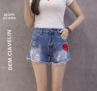 Fengsheng Women Denim Shorts High waist Shorts Jeans Hot Pants Rose Embroidery Beach Pants Size S(Int:S) intl - intl