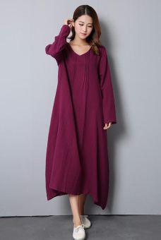 Women Peasant Ethnic Boho Cotton Linen Long Sleeve Maxi Dress Gypsy Blouse Shirt Purple - Intl