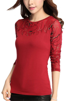 Hotyv Korean Style Elegant Long Sleeve Floral Bronzing Mesh Patchwork T-shirt HTS003 Red