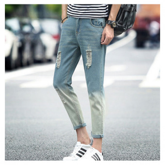 QQ Gradient color cowboy slim feet casual pants Blue - intl