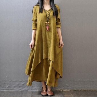 Yazilind Boho Hippie Women Long Sleeve Cotton Linen Casual Long Maxi Dress Amy Yellow - intl